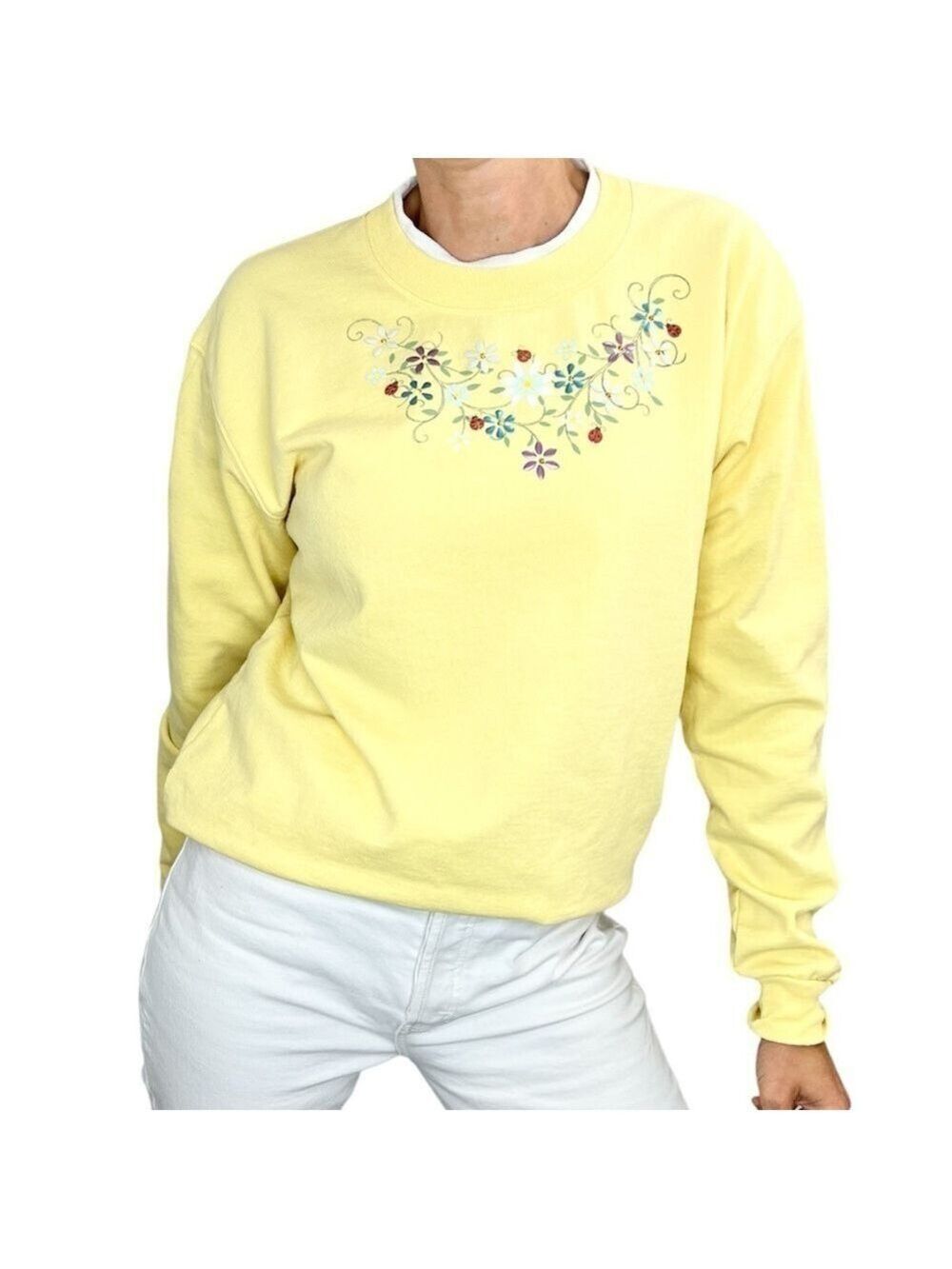 Vintage 90s Top Stitch Morning Sun yellow floral beaded sweatshirt